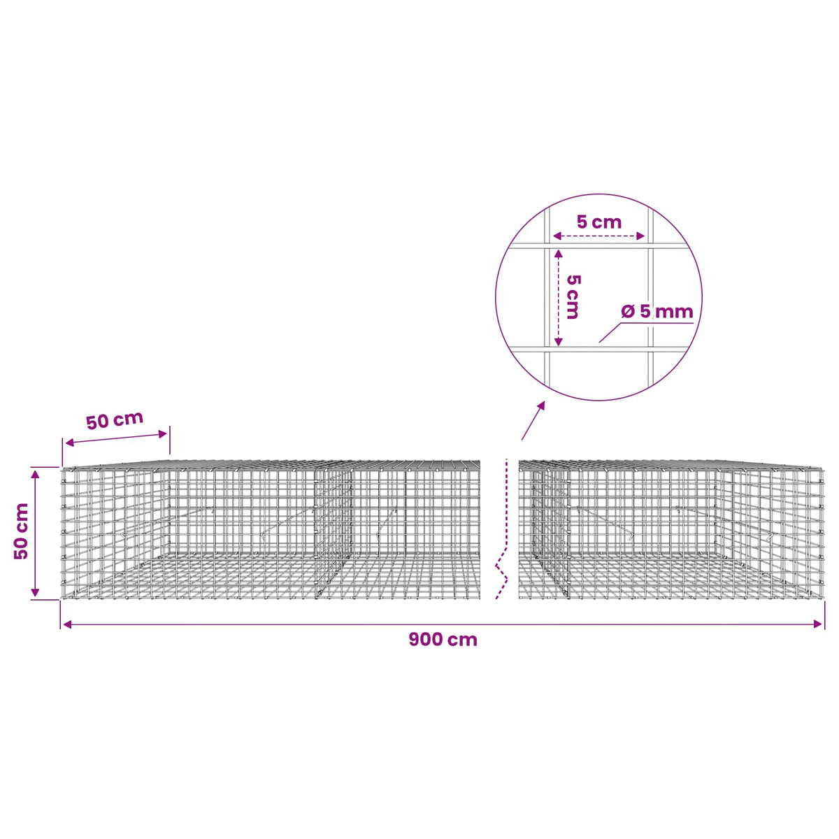 vidaXL Gabion z drutu 5 mm i siatką 5x5 cm 900x50x50 cm