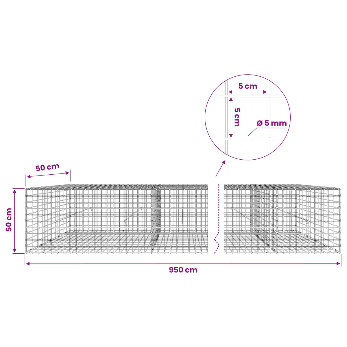 vidaXL Gabion z drutu 5 mm i siatką 5x5 cm 950x50x50 cm