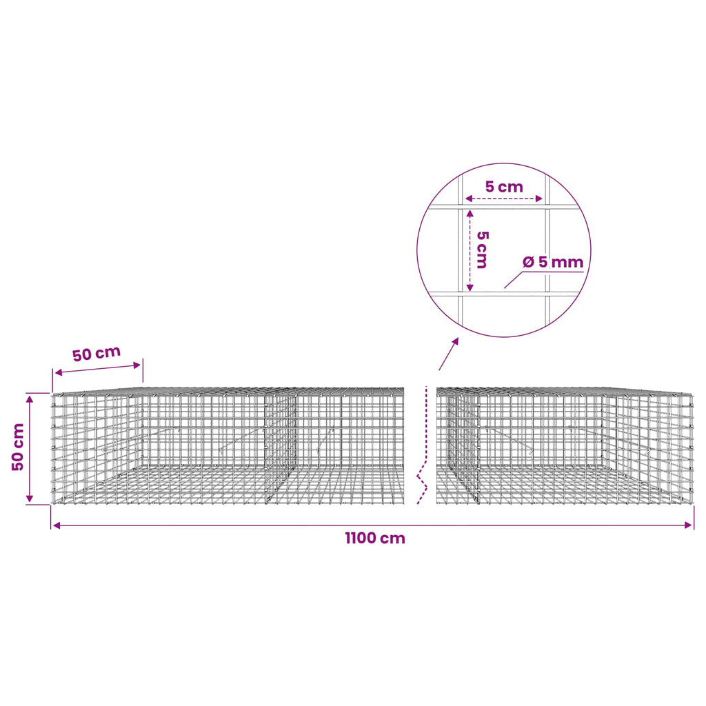 vidaXL Gabion z drutu 5 mm i siatką 5x5 cm 1100x50x50 cm