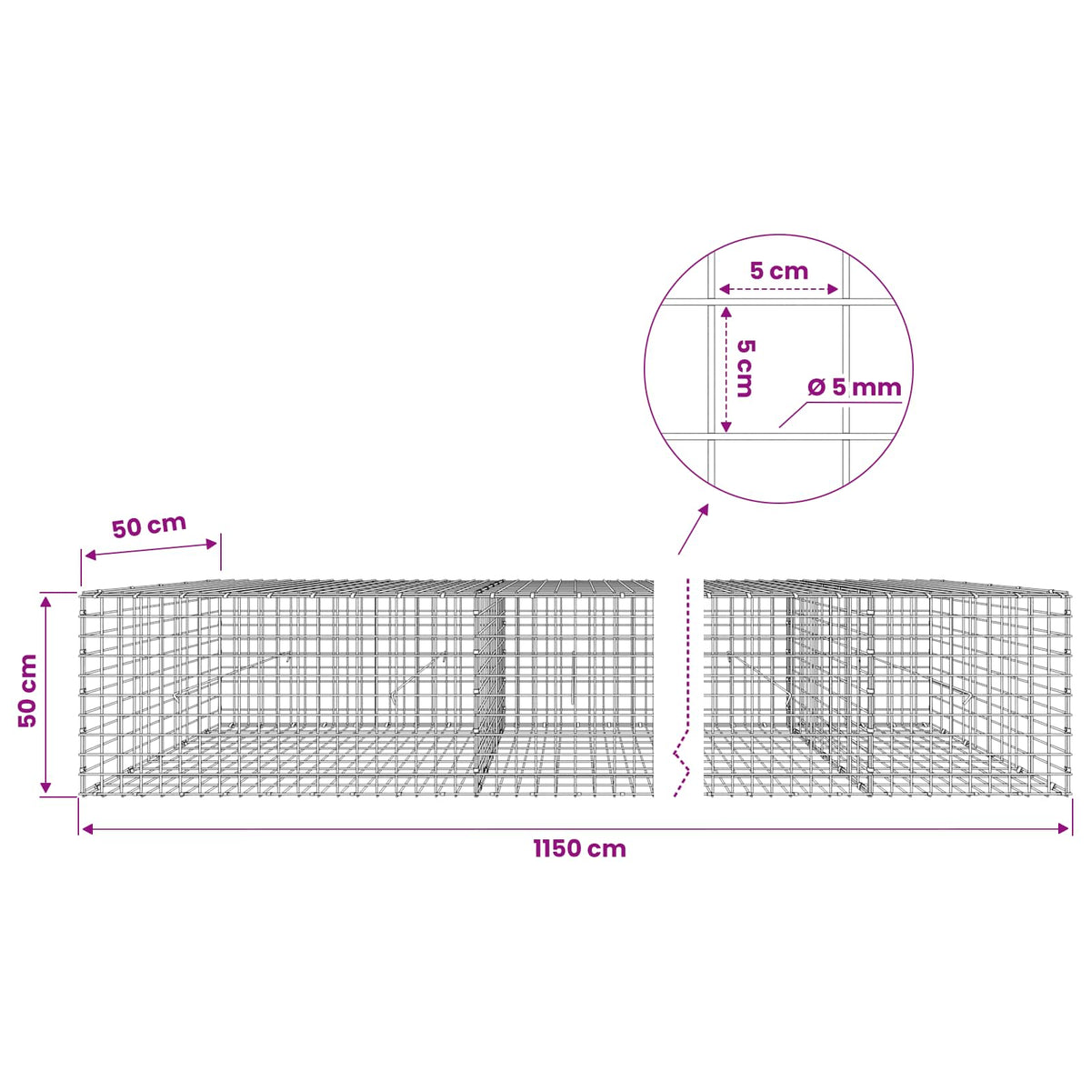 vidaXL Gabion z drutu 5 mm i siatką 5x5 cm 1150x50x50 cm