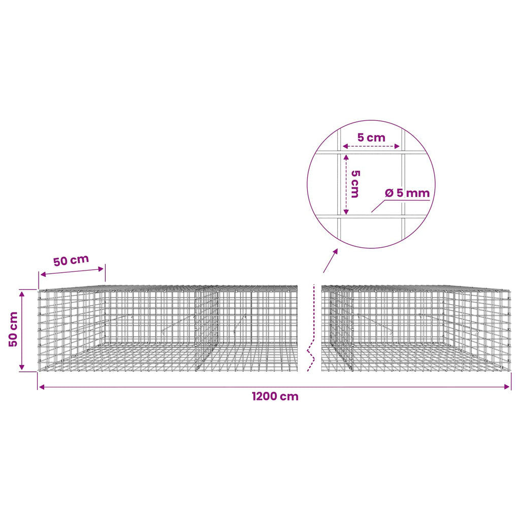 vidaXL Gabion z drutu 5 mm i siatką 5x5 cm 1200x50x50 cm