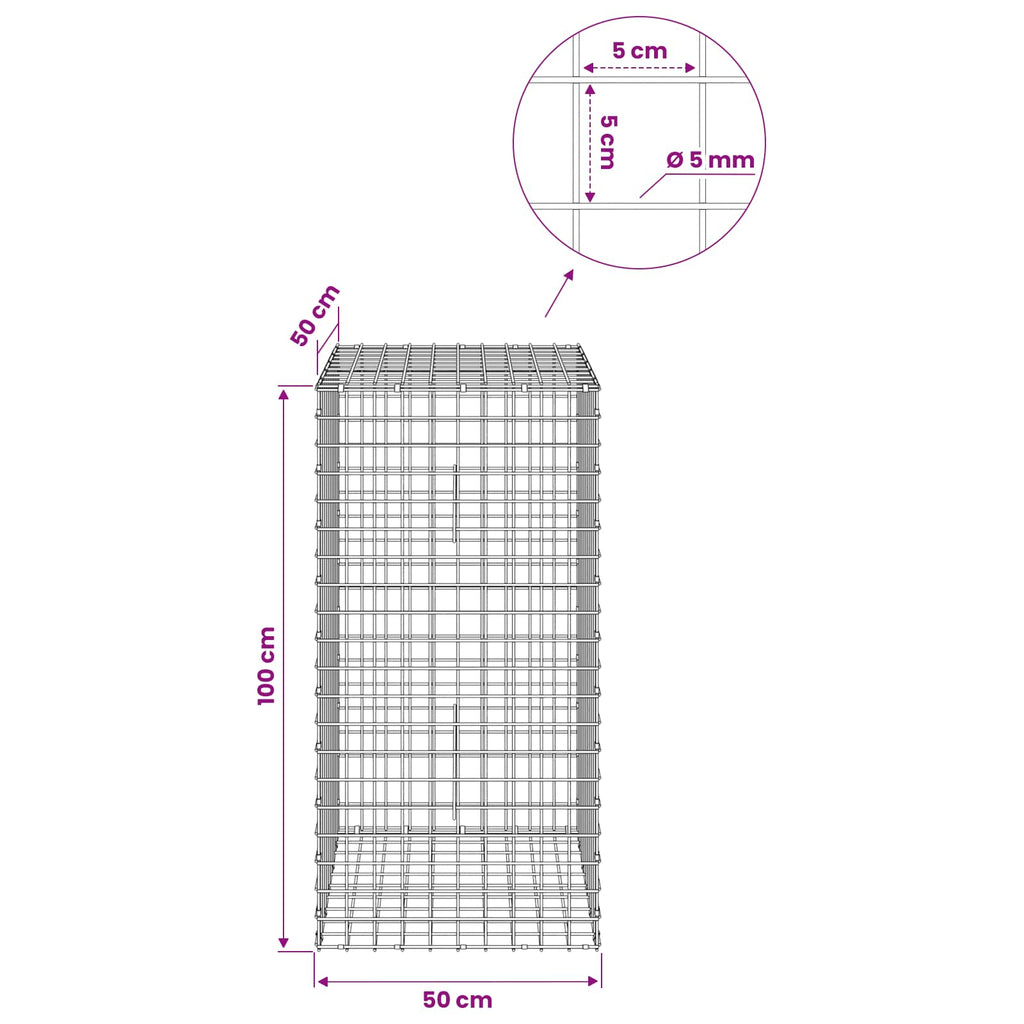 vidaXL Gabion z drutu 5 mm i siatką 5x5 cm 50x50x100 cm