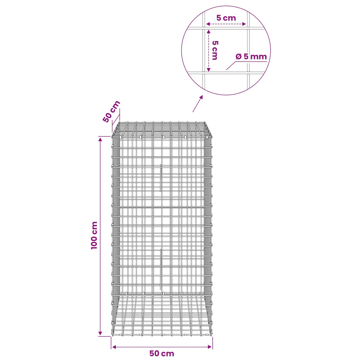 vidaXL Gabion z drutu 5 mm i siatką 5x5 cm 50x50x100 cm
