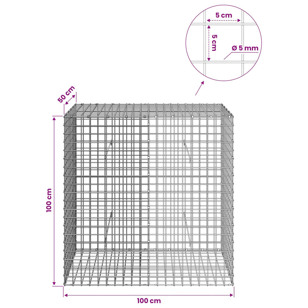 vidaXL Gabion z drutu 5 mm i siatką 5x5 cm 100x50x100 cm