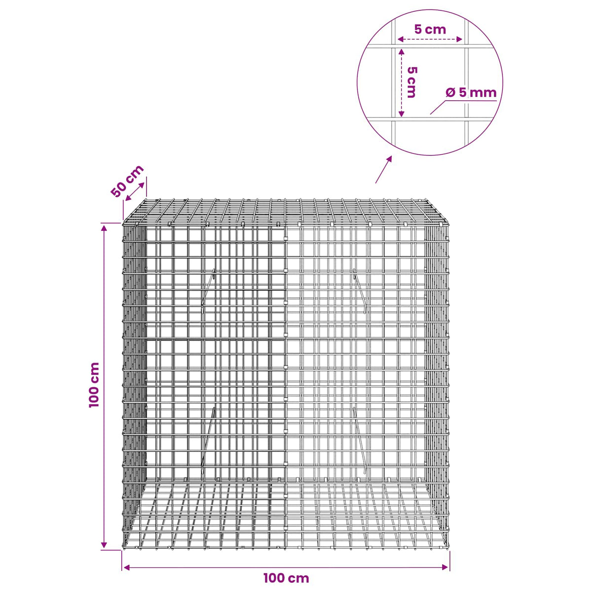 vidaXL Gabion z drutu 5 mm i siatką 5x5 cm 100x50x100 cm