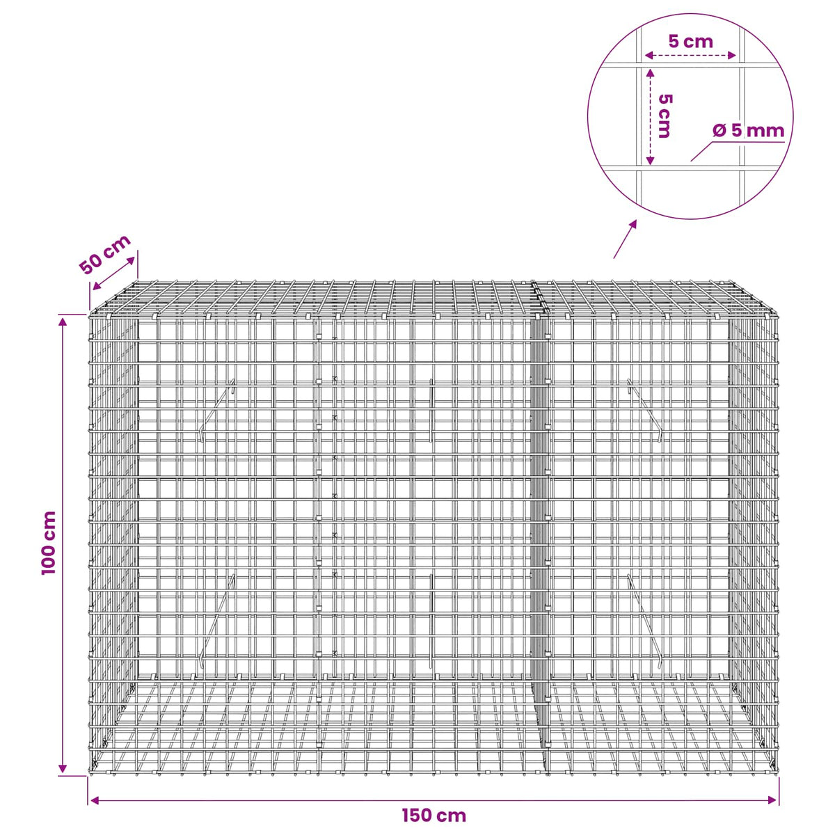 vidaXL Gabion z drutu 5 mm i siatką 5x5 cm 150x50x100 cm