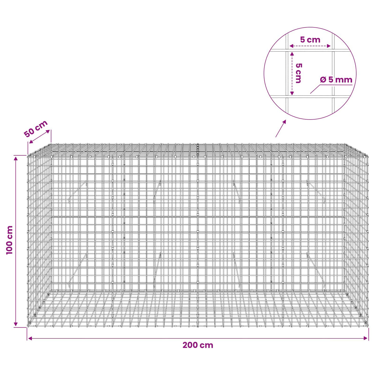 vidaXL Gabion z drutu 5 mm i siatką 5x5 cm 200x50x100 cm