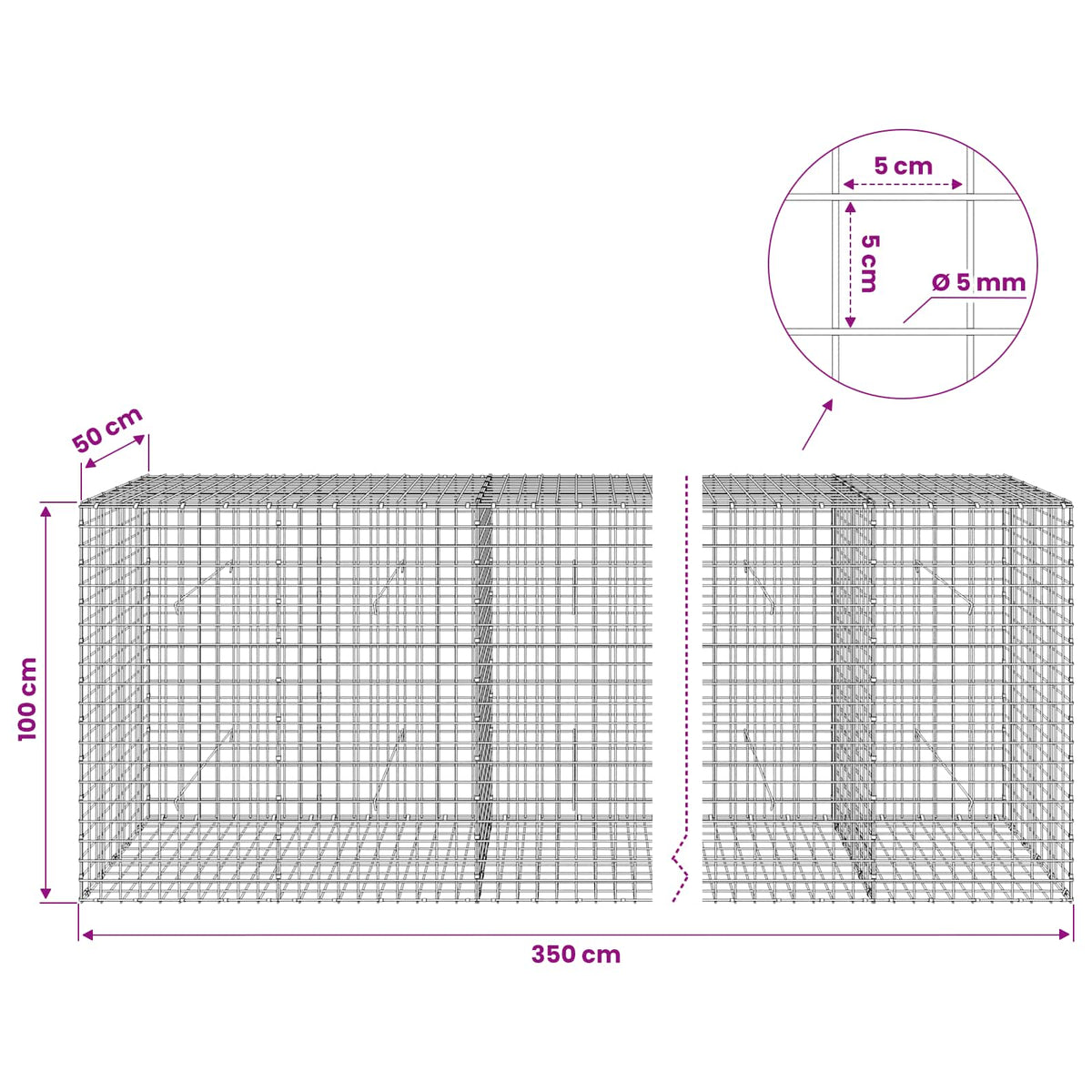 vidaXL Gabion z drutu 5 mm i siatką 5x5 cm 350x50x100 cm
