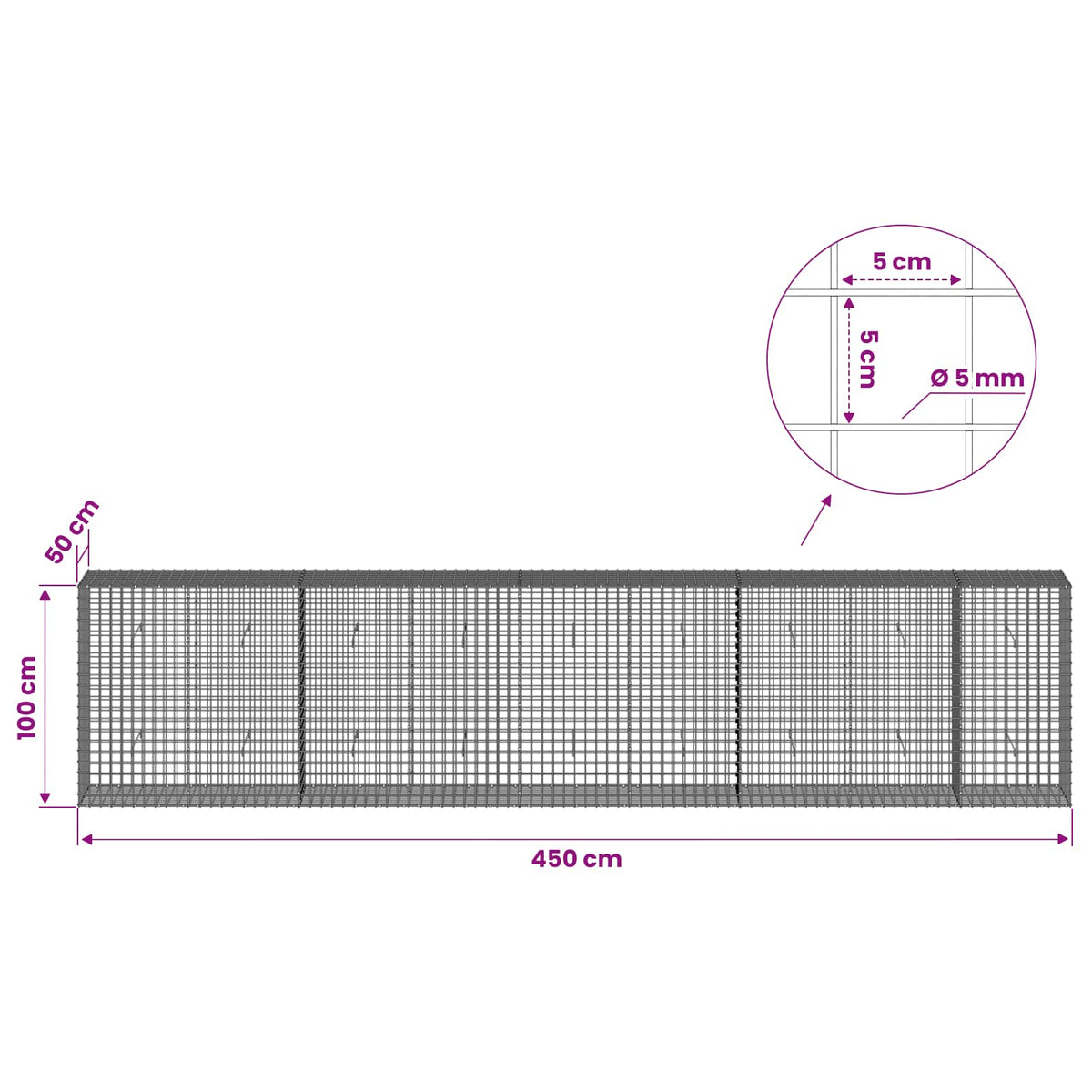 vidaXL Gabion z drutu 5 mm i siatką 5x5 cm 450x50x100 cm