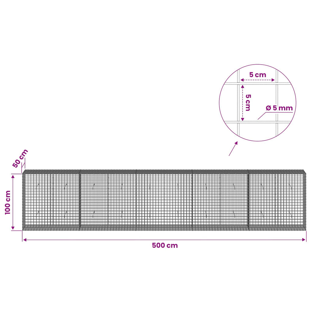 vidaXL Gabion z drutu 5 mm i siatką 5x5 cm 500x50x100 cm