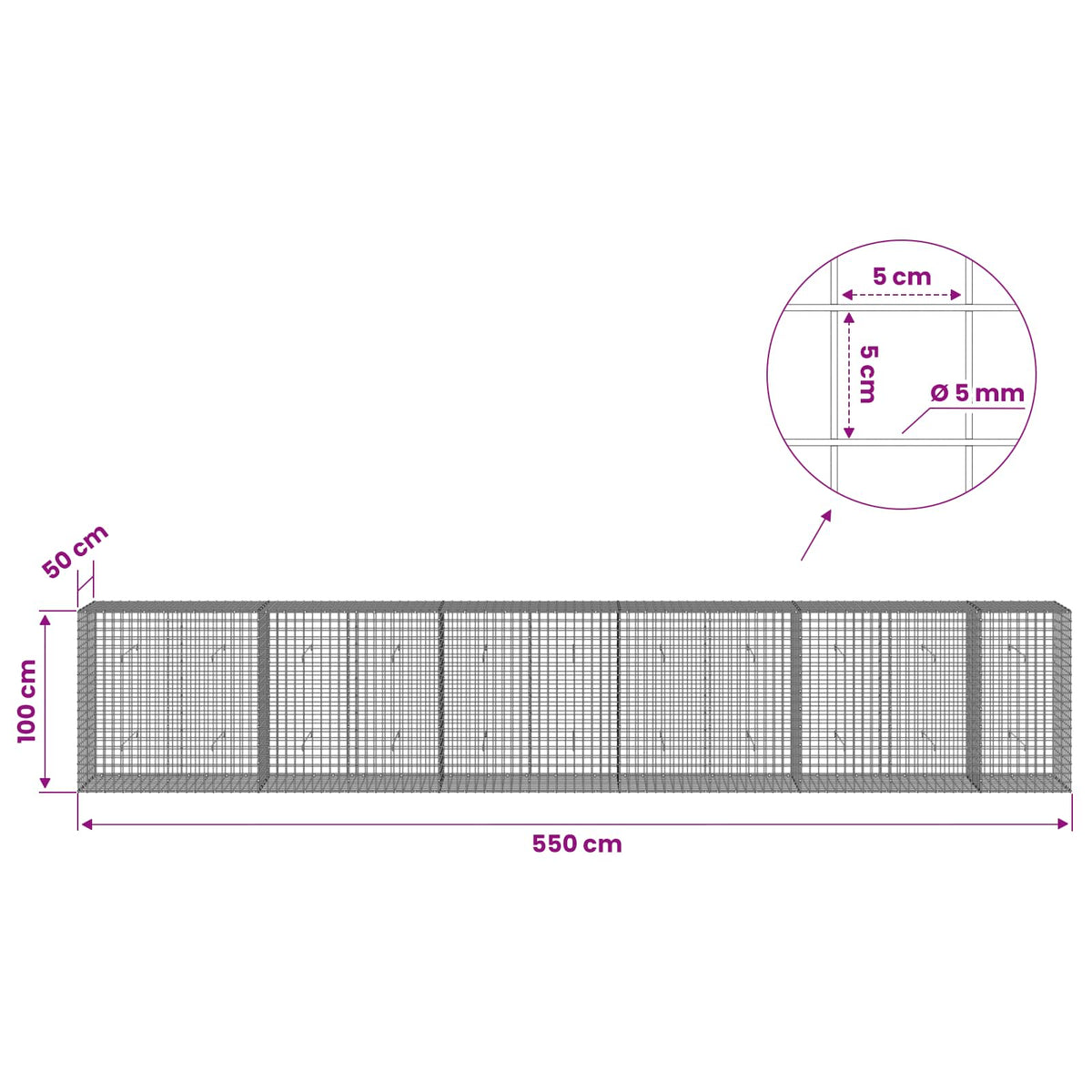 vidaXL Gabion z drutu 5 mm i siatką 5x5 cm 550x50x100 cm