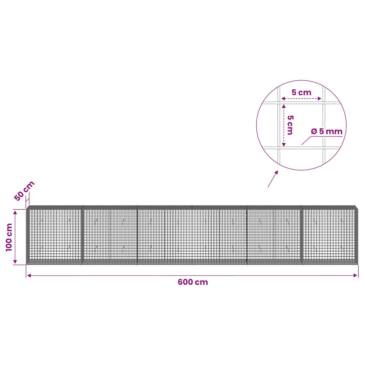 vidaXL Gabion z drutu 5 mm i siatką 5x5 cm 600x50x100 cm