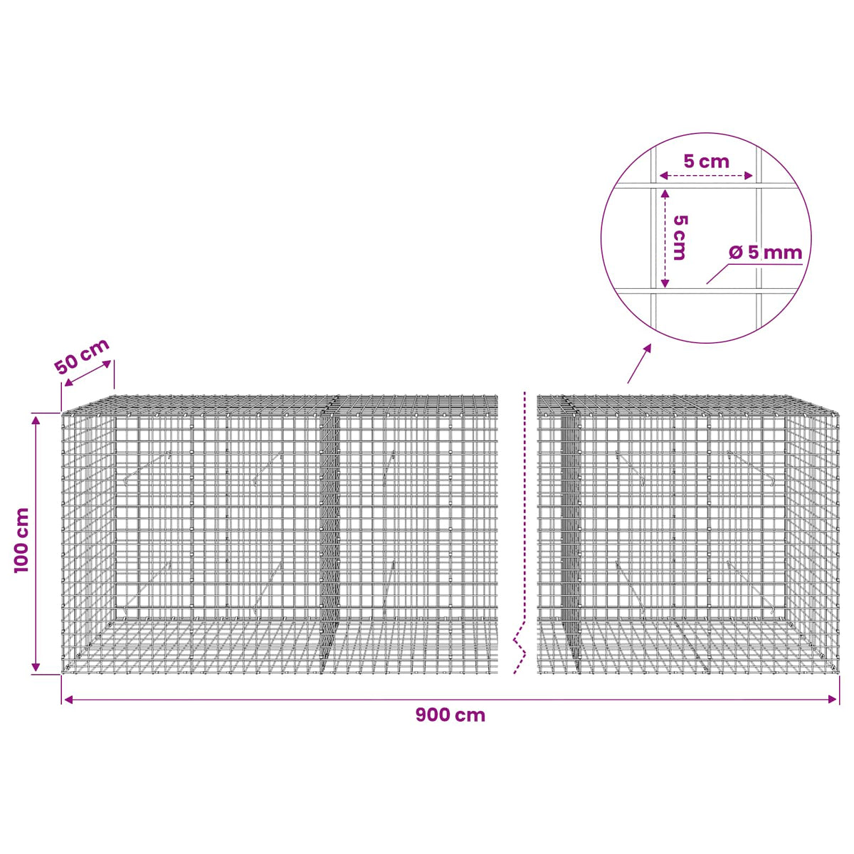 vidaXL Gabion z drutu 5 mm i siatką 5x5 cm 900x50x100 cm