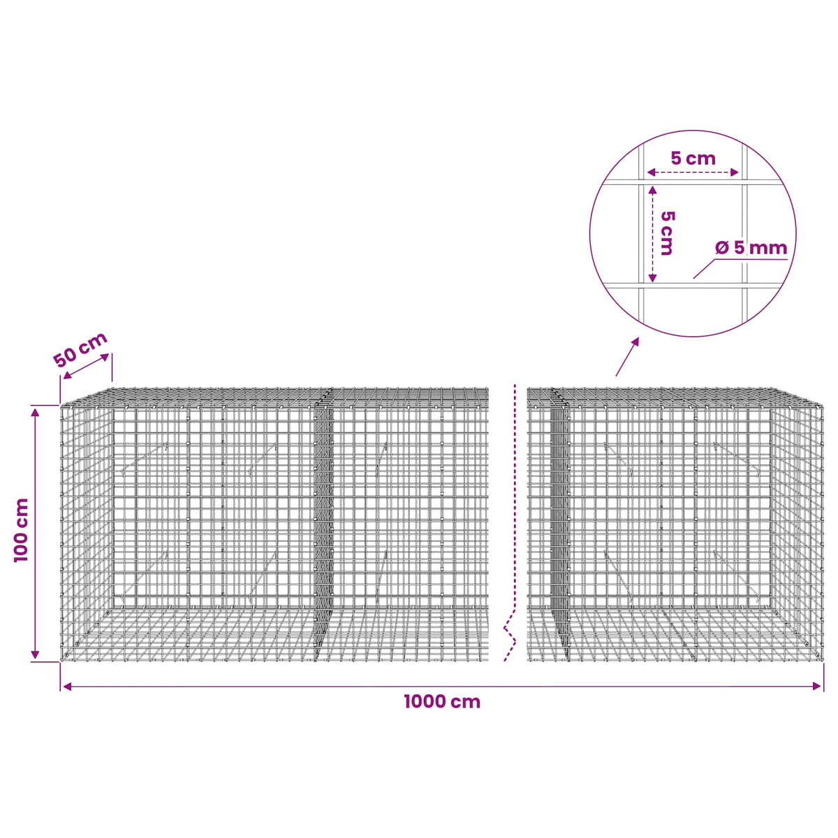 vidaXL Gabion z drutu 5 mm i siatką 5x5 cm 1000x50x100 cm