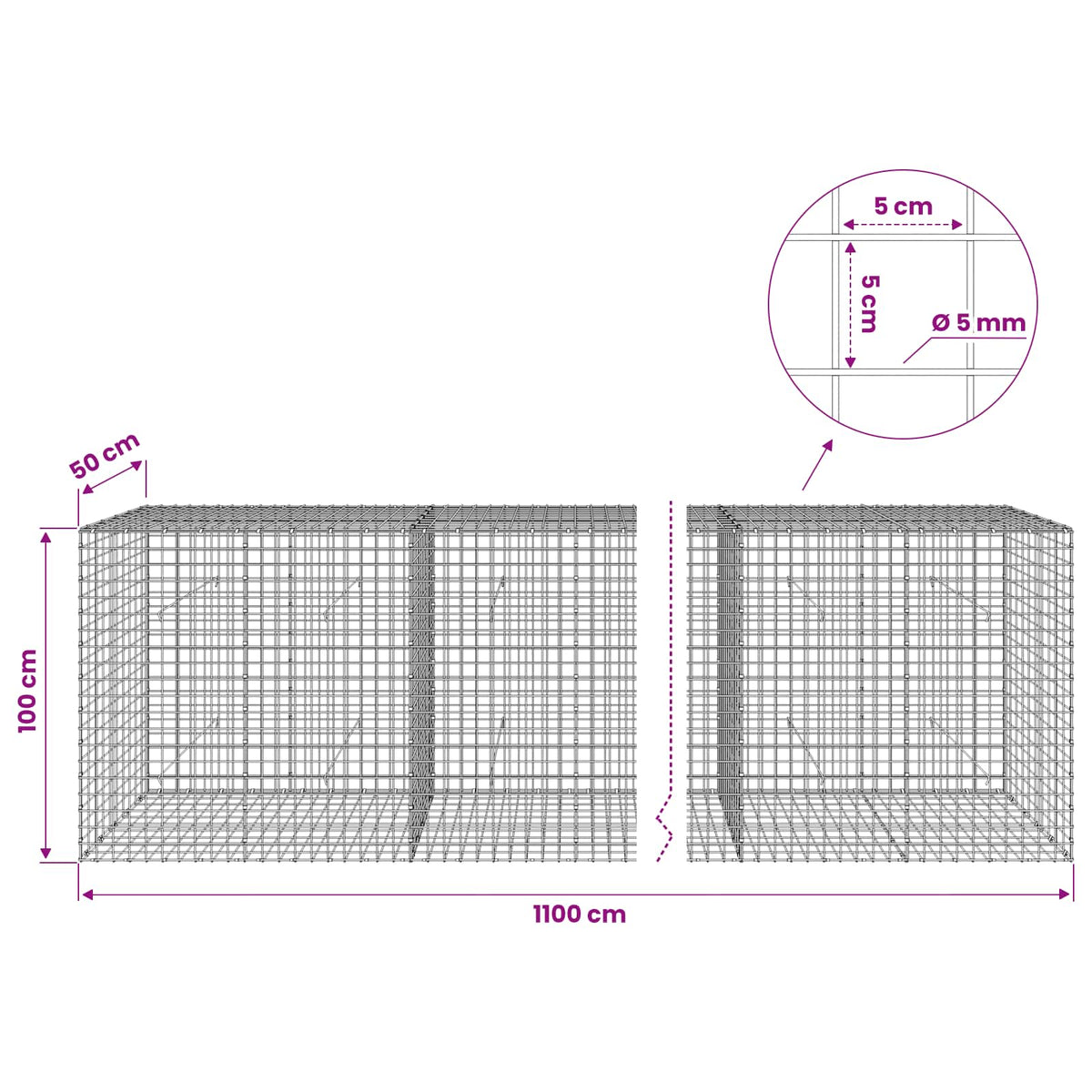 vidaXL Gabion z drutu 5 mm i siatką 5x5 cm 1100x50x100 cm