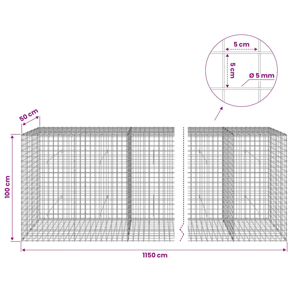 vidaXL Gabion z drutu 5 mm i siatką 5x5 cm 1150x50x100 cm