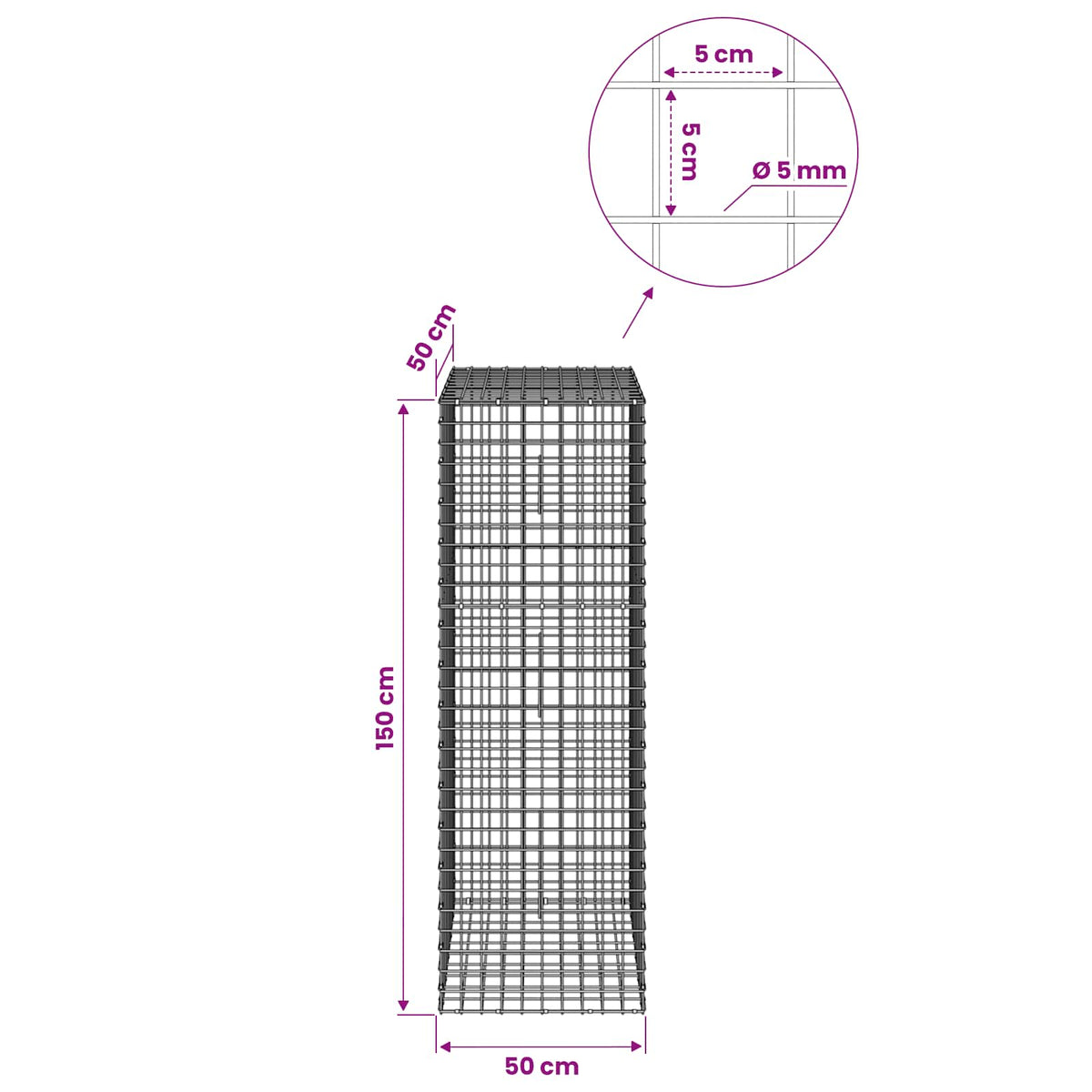 vidaXL Gabion z drutu 5 mm i siatką 5x5 cm 50x50x150 cm