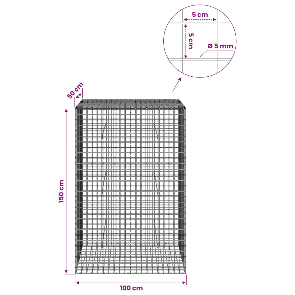 vidaXL Gabion z drutu 5 mm i siatką 5x5 cm 100x50x150 cm
