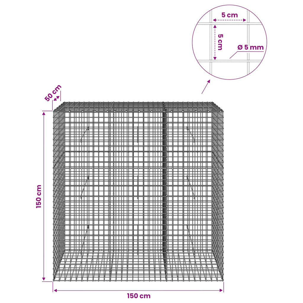 vidaXL Gabion z drutu 5 mm i siatką 5x5 cm 150x50x150 cm