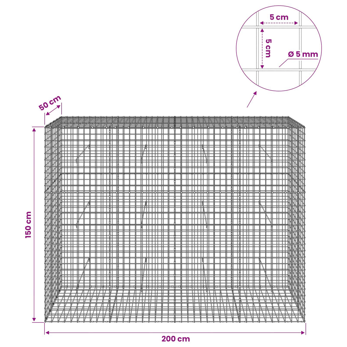 vidaXL Gabion z drutu 5 mm i siatką 5x5 cm 200x50x150 cm