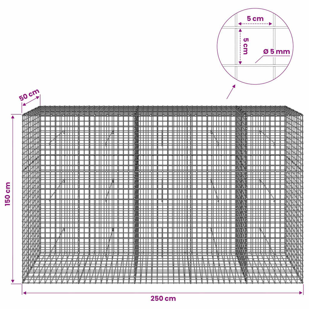vidaXL Gabion z drutu 5 mm i siatką 5x5 cm 250x50x150 cm