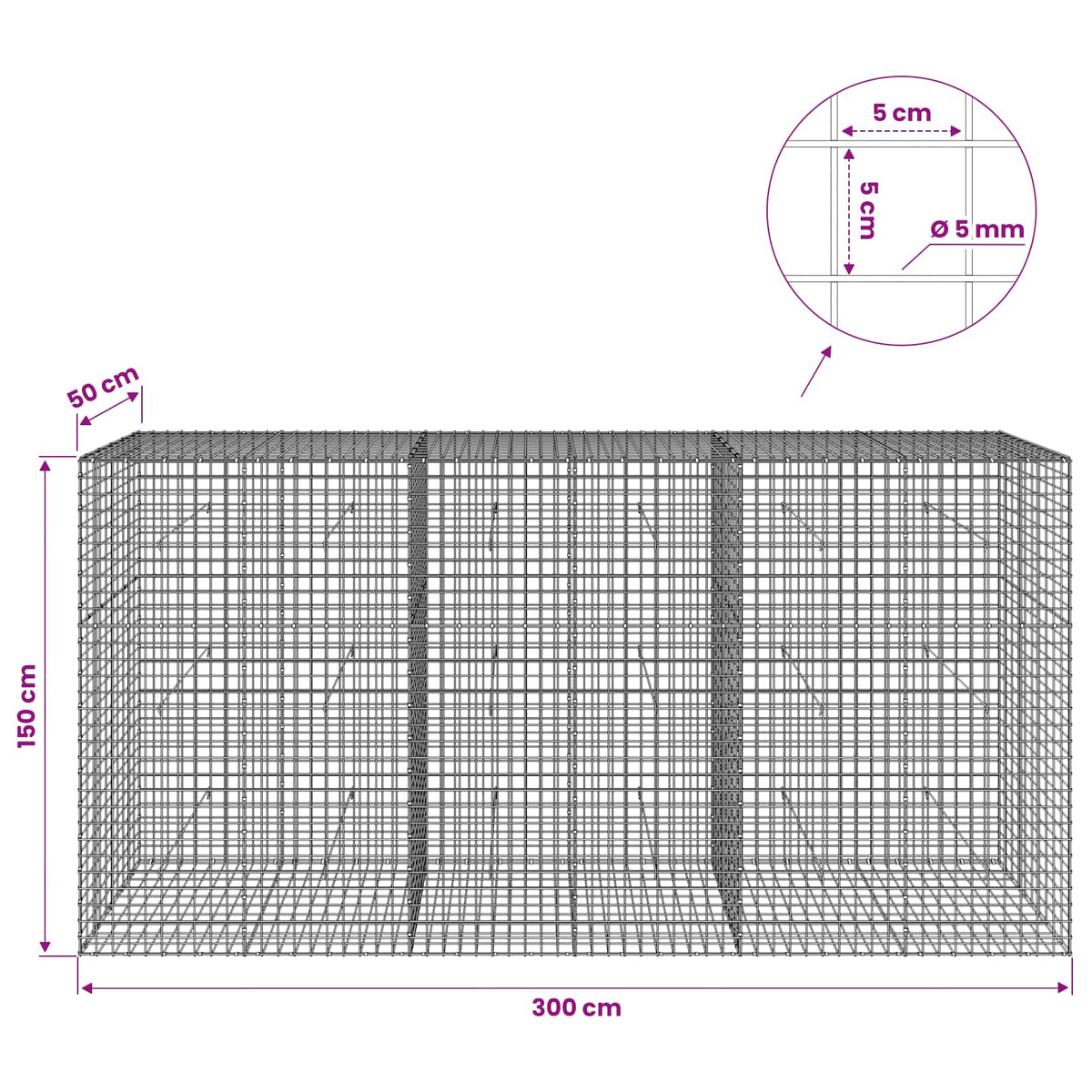 vidaXL Gabion z drutu 5 mm i siatką 5x5 cm 300x50x150 cm
