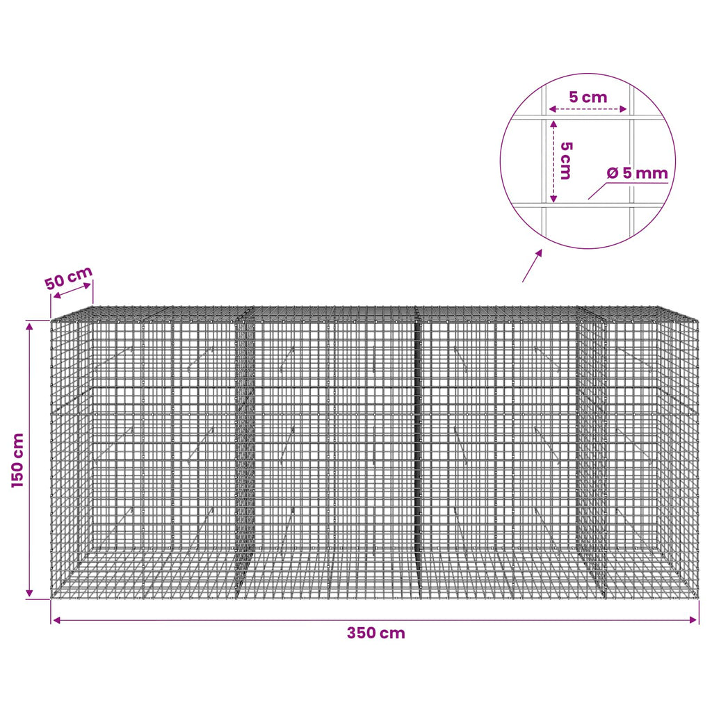 vidaXL Gabion z drutu 5 mm i siatką 5x5 cm 350x50x150 cm