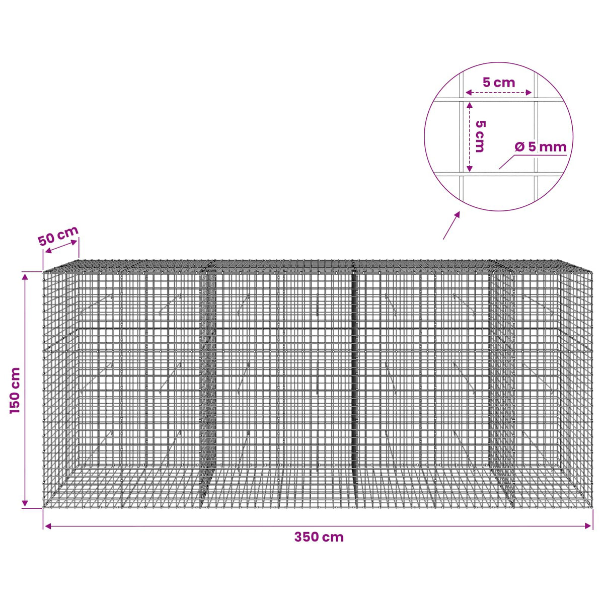 vidaXL Gabion z drutu 5 mm i siatką 5x5 cm 350x50x150 cm