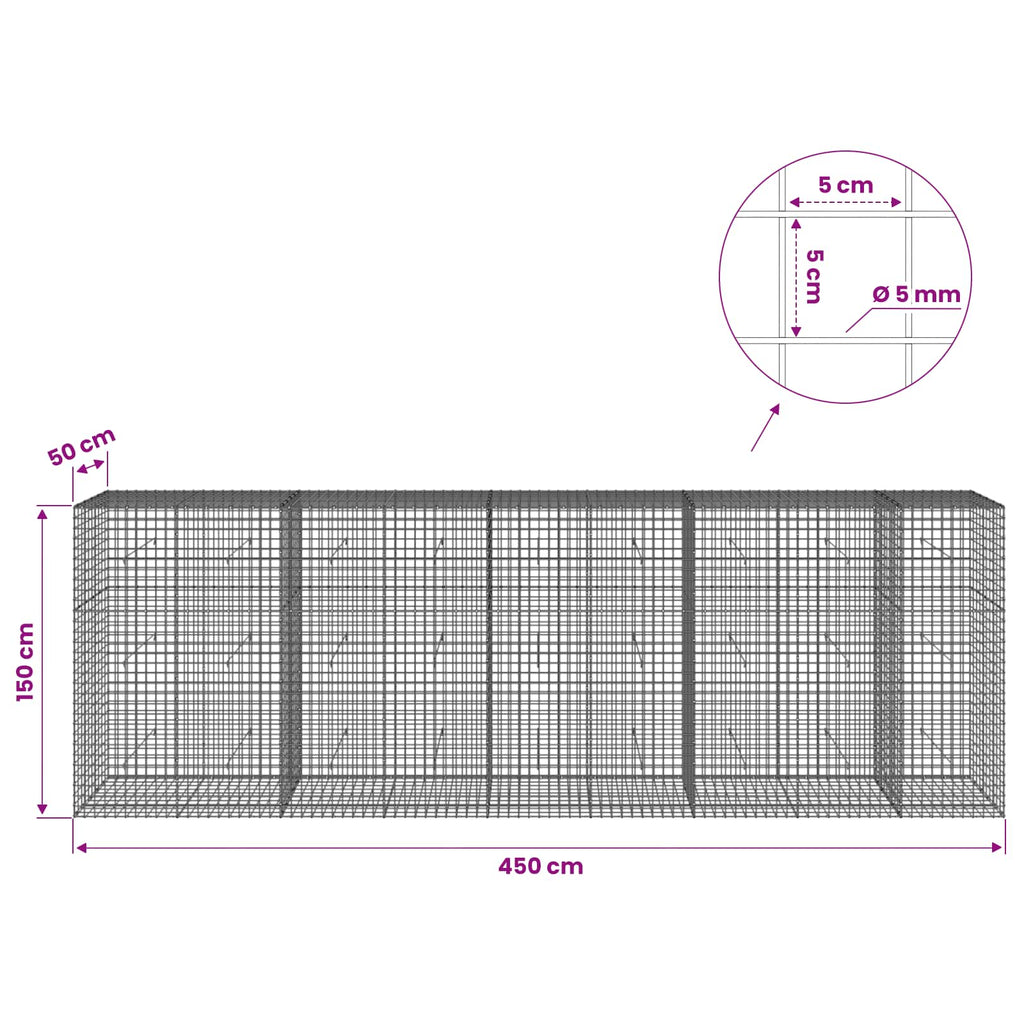 vidaXL Gabion z drutu 5 mm i siatką 5x5 cm 450x50x150 cm