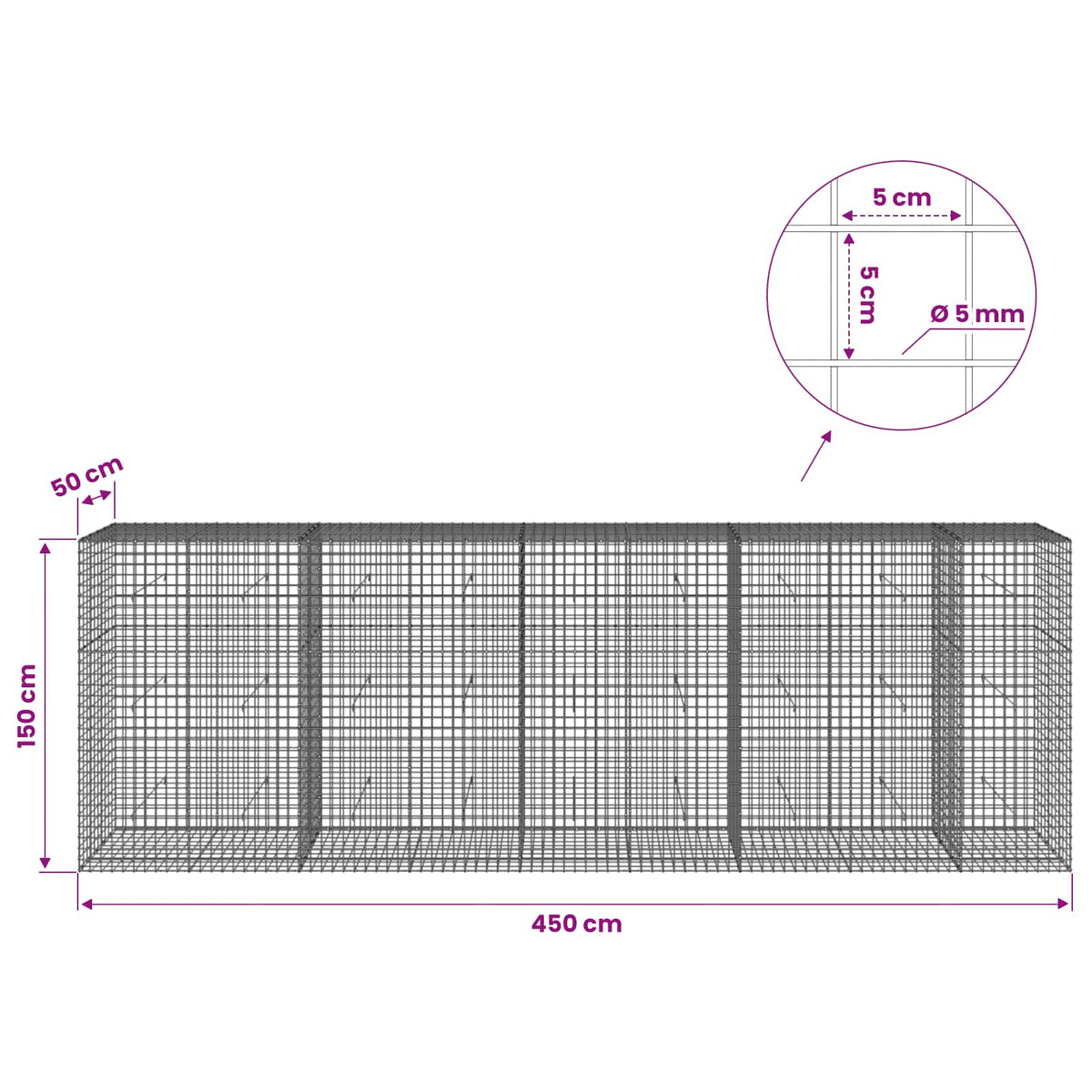 vidaXL Gabion z drutu 5 mm i siatką 5x5 cm 450x50x150 cm