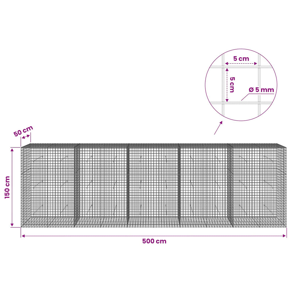vidaXL Gabion z drutu 5 mm i siatką 5x5 cm 500x50x150 cm