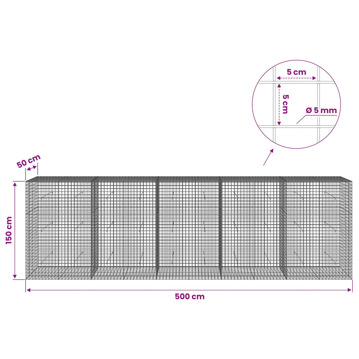vidaXL Gabion z drutu 5 mm i siatką 5x5 cm 500x50x150 cm