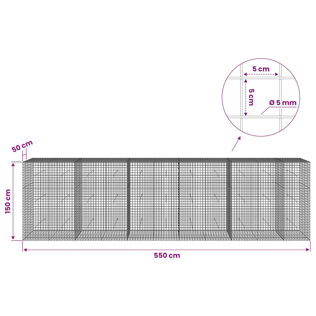 vidaXL Gabion z drutu 5 mm i siatką 5x5 cm 550x50x150 cm