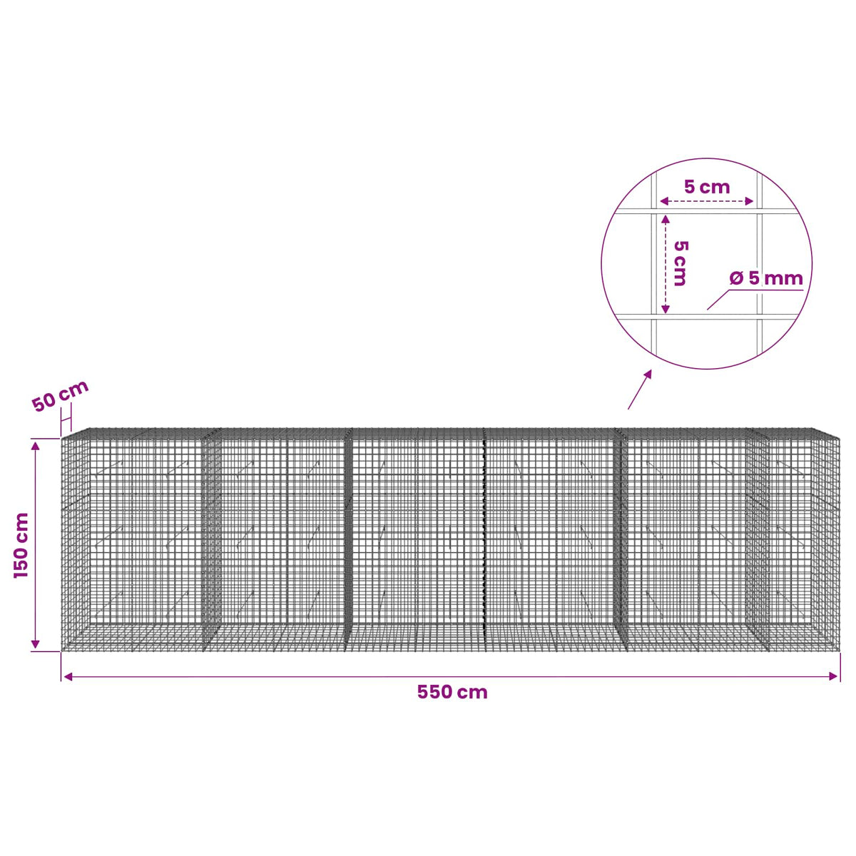 vidaXL Gabion z drutu 5 mm i siatką 5x5 cm 550x50x150 cm