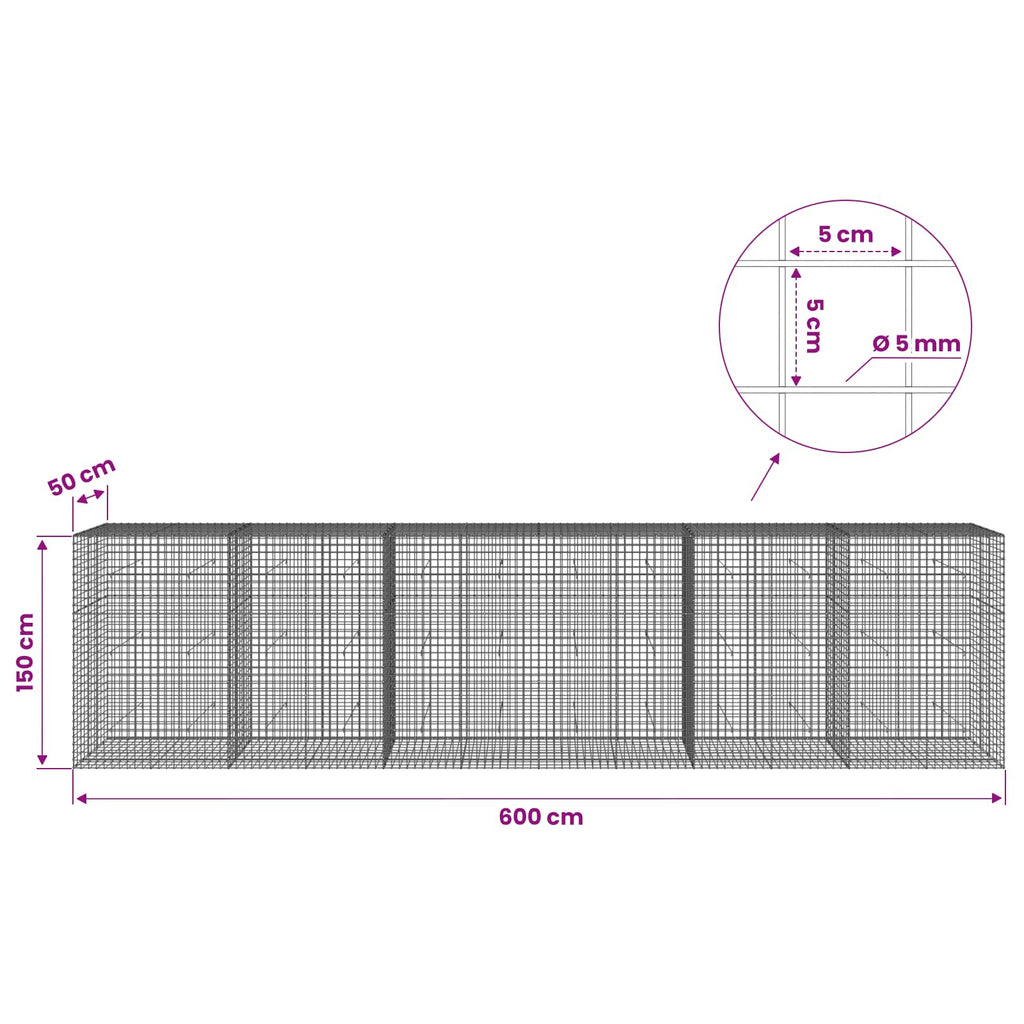 vidaXL Gabion z drutu 5 mm i siatką 5x5 cm 600x50x150 cm