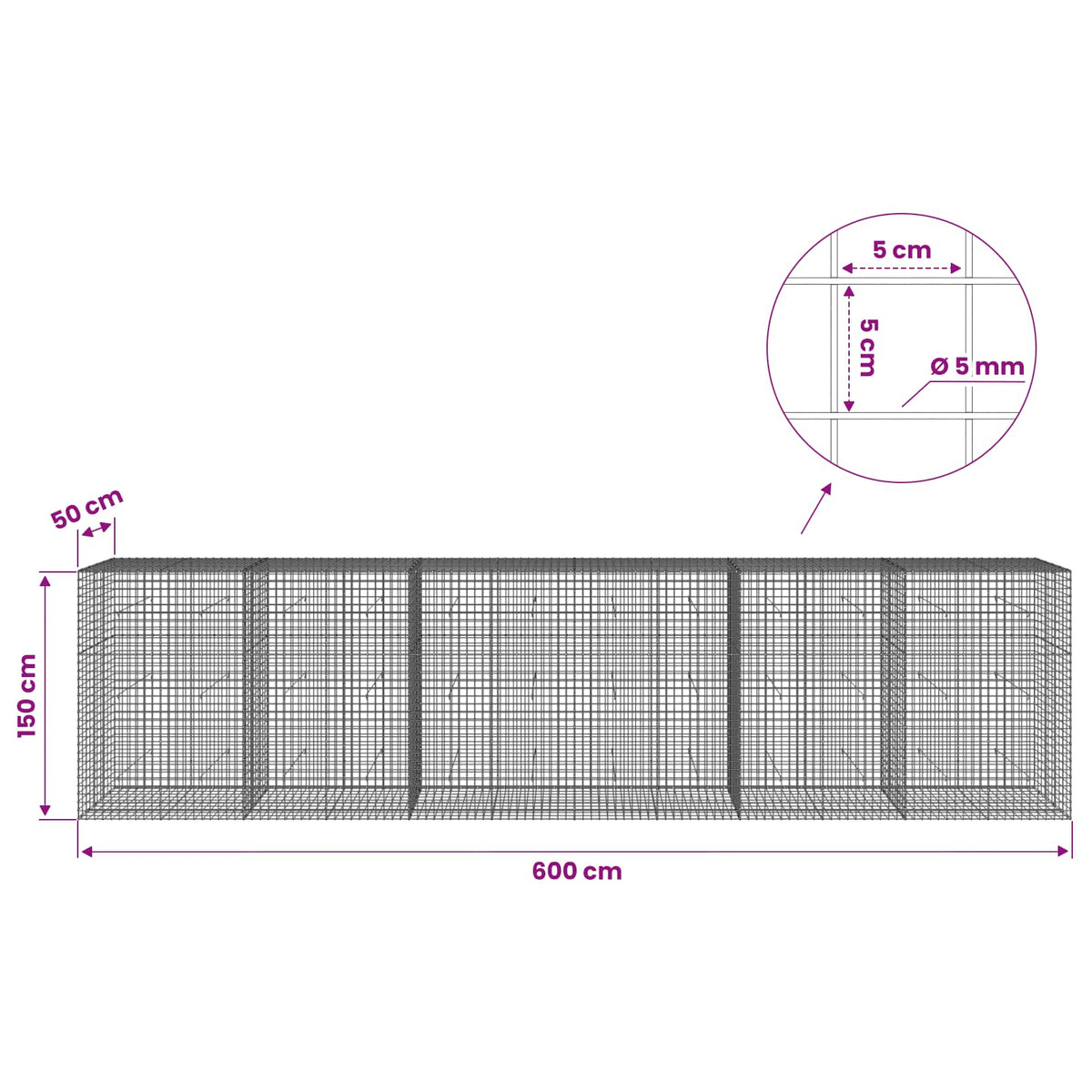 vidaXL Gabion z drutu 5 mm i siatką 5x5 cm 600x50x150 cm