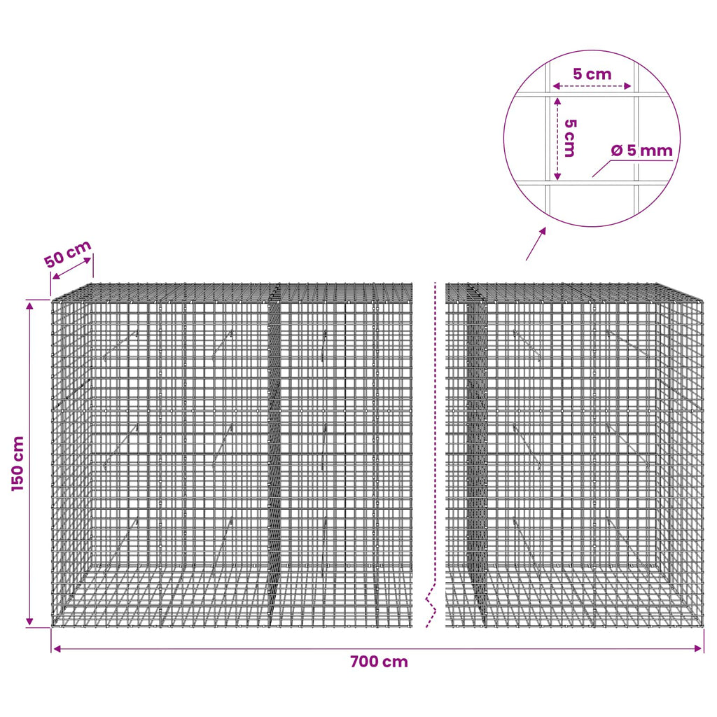 vidaXL Gabion z drutu 5 mm i siatką 5x5 cm 700x50x150 cm
