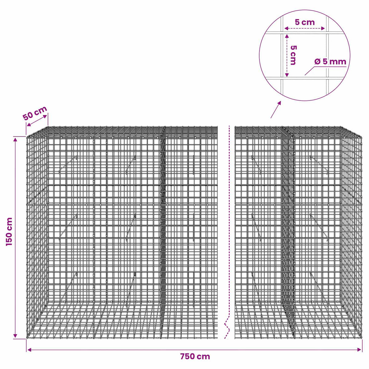 vidaXL Gabion z drutu 5 mm i siatką 5x5 cm 750x50x150 cm