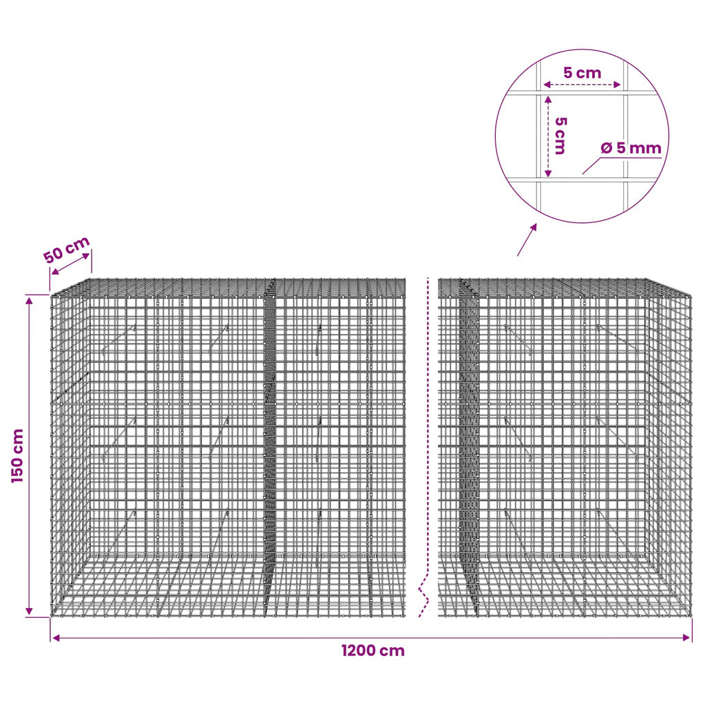 vidaXL Gabion z drutu 5 mm i siatką 5x5 cm 1200x50x150 cm