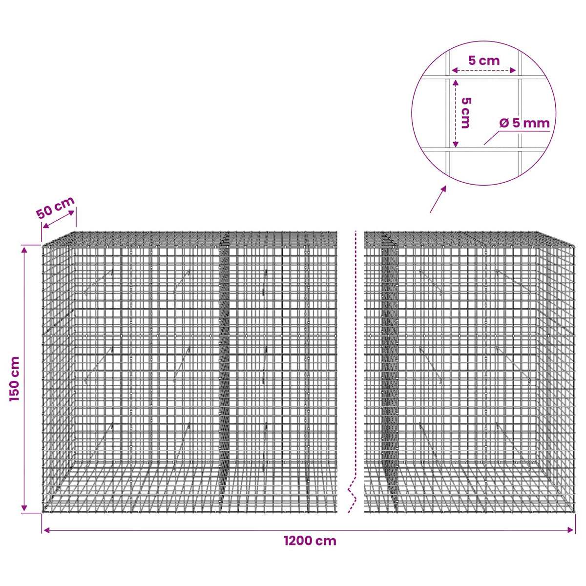 vidaXL Gabion z drutu 5 mm i siatką 5x5 cm 1200x50x150 cm