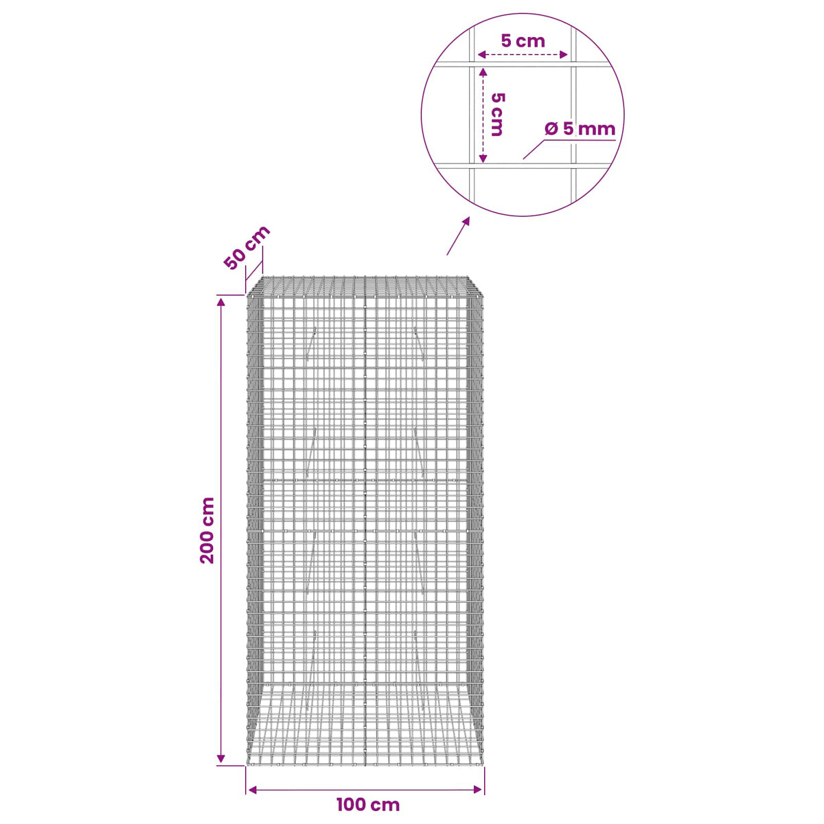 vidaXL Gabion z drutu 5 mm i siatką 5x5 cm 100x50x200 cm
