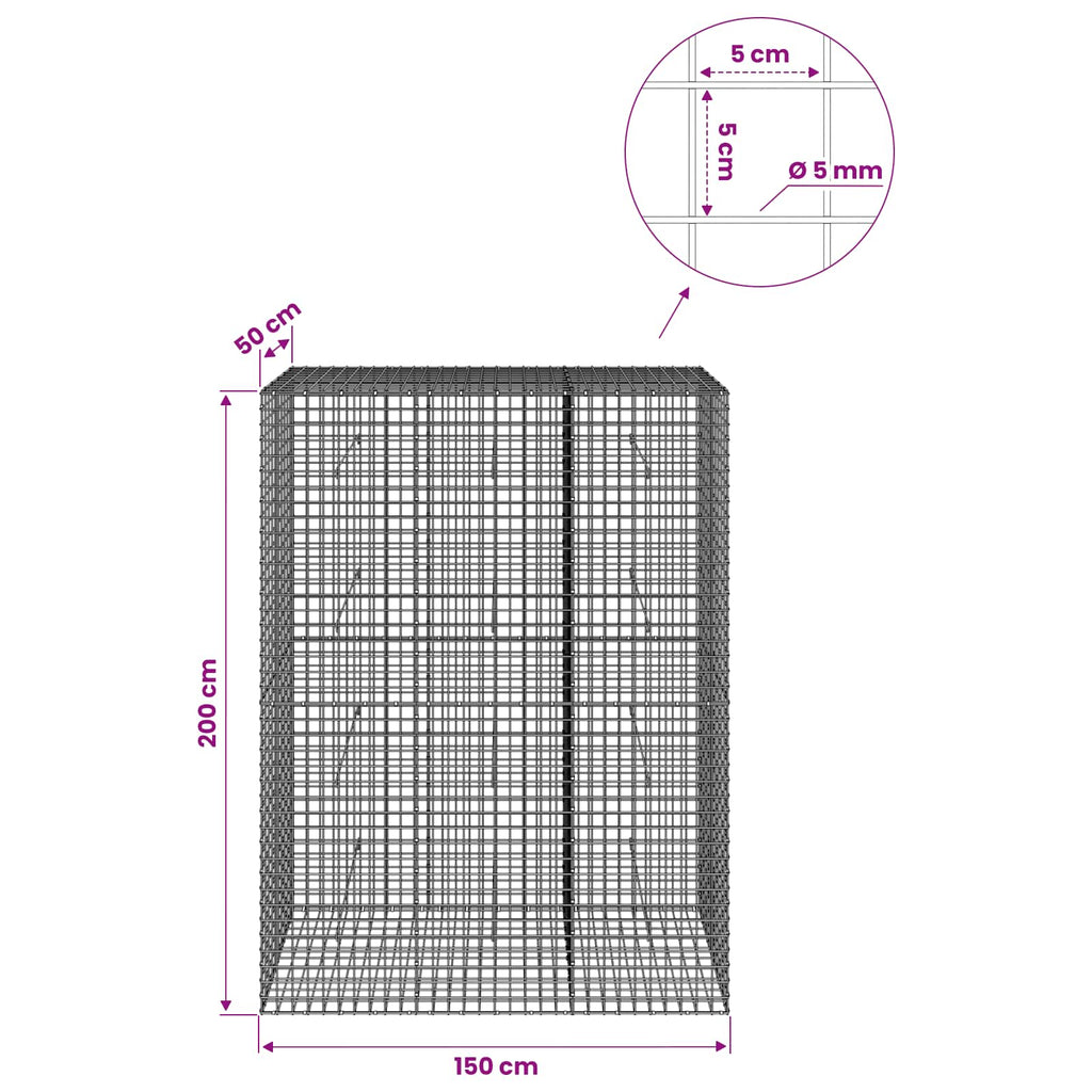 vidaXL Gabion z drutu 5 mm i siatką 5x5 cm 150x50x200 cm