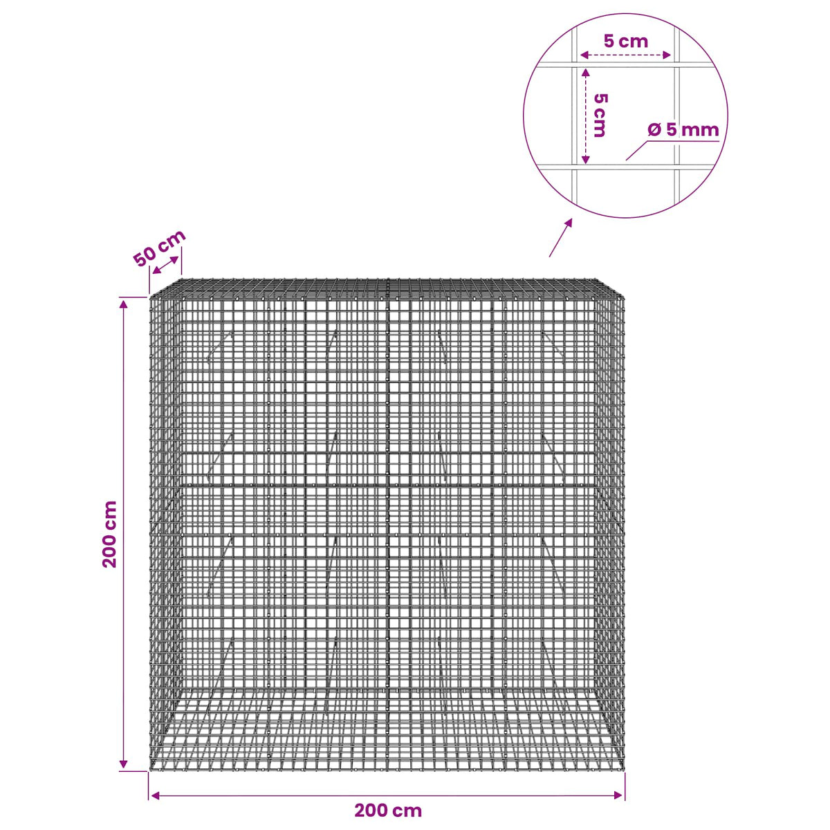 vidaXL Gabion z drutu 5 mm i siatką 5x5 cm 200x50x200 cm
