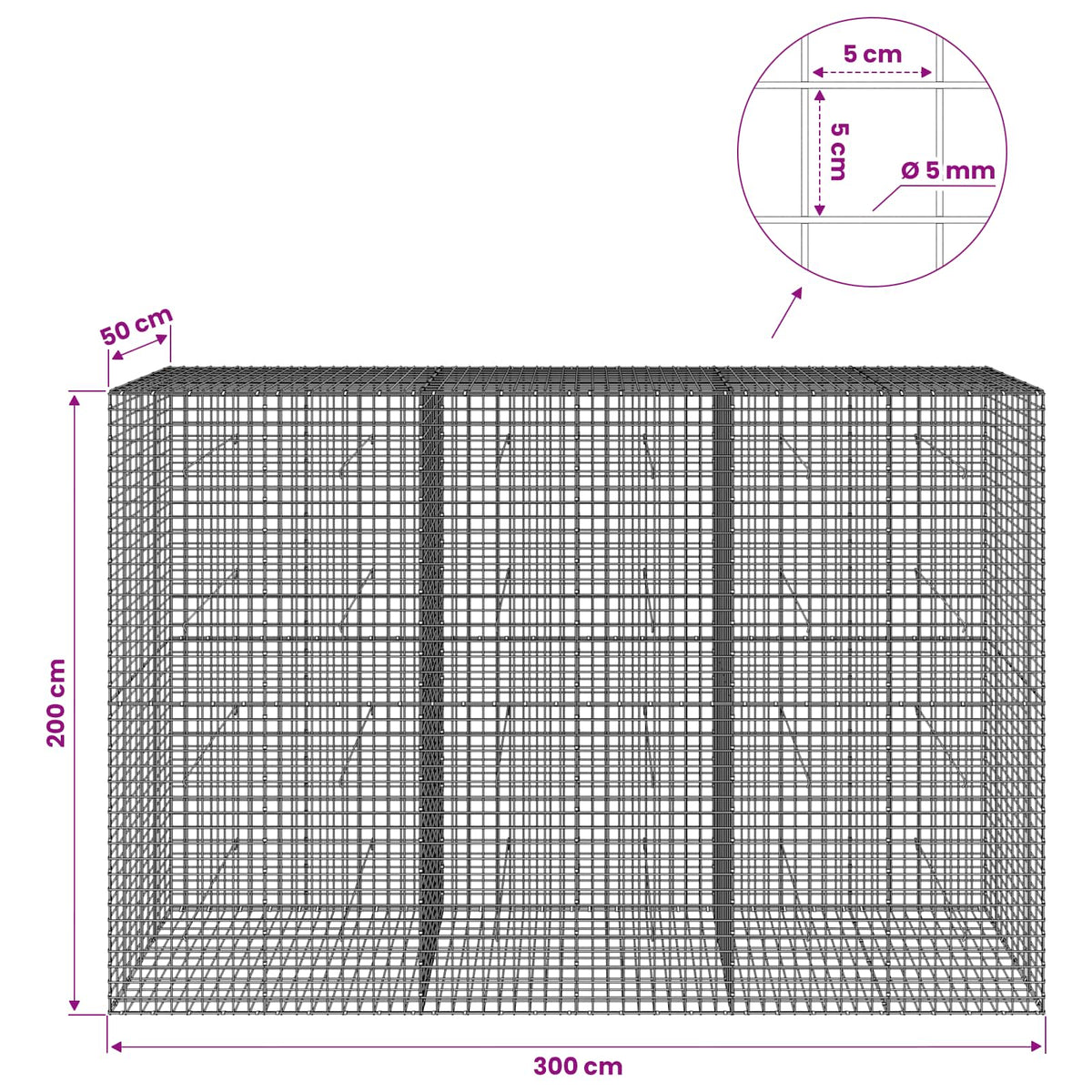vidaXL Gabion z drutu 5 mm i siatką 5x5 cm 300x50x200 cm