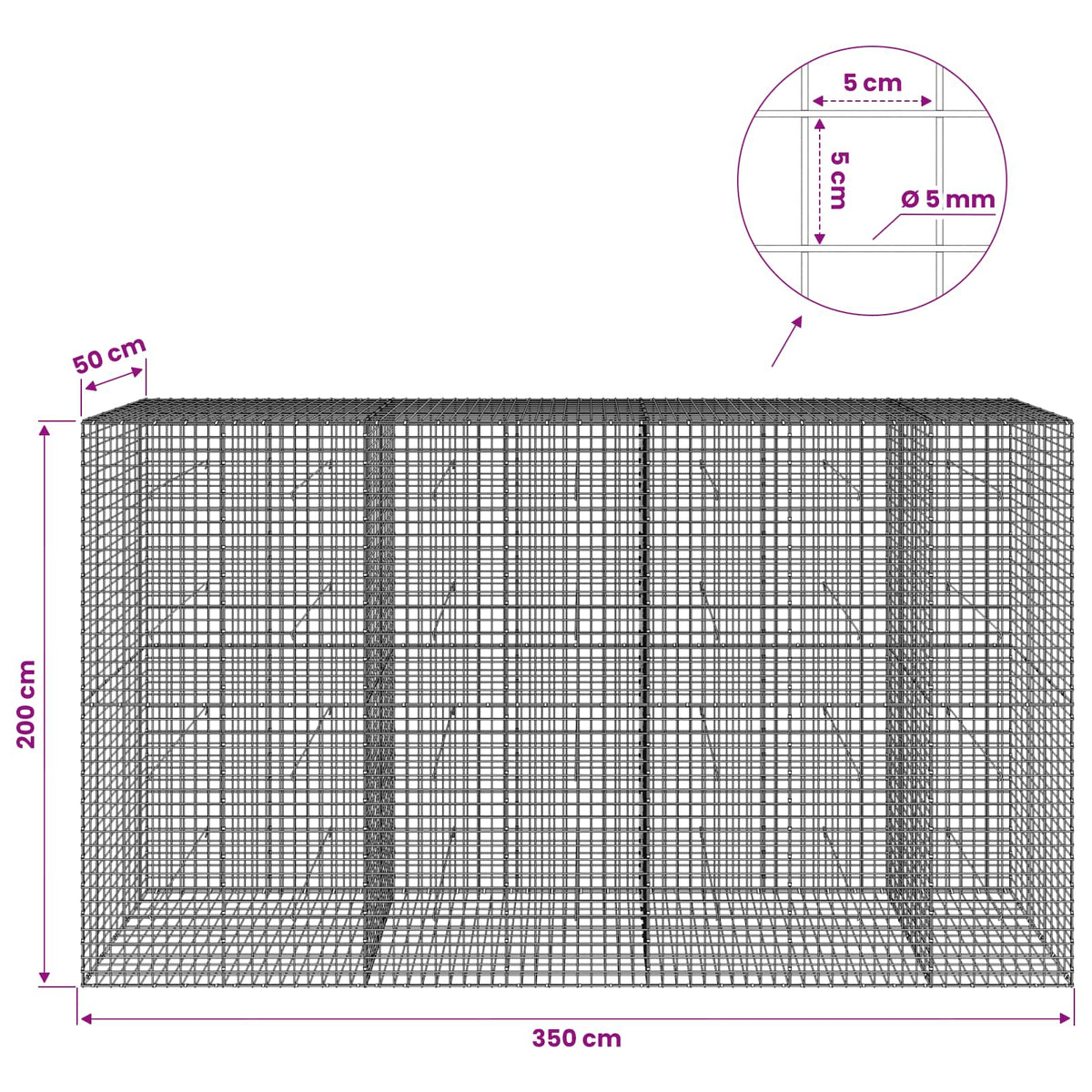vidaXL Gabion z drutu 5 mm i siatką 5x5 cm 350x50x200 cm