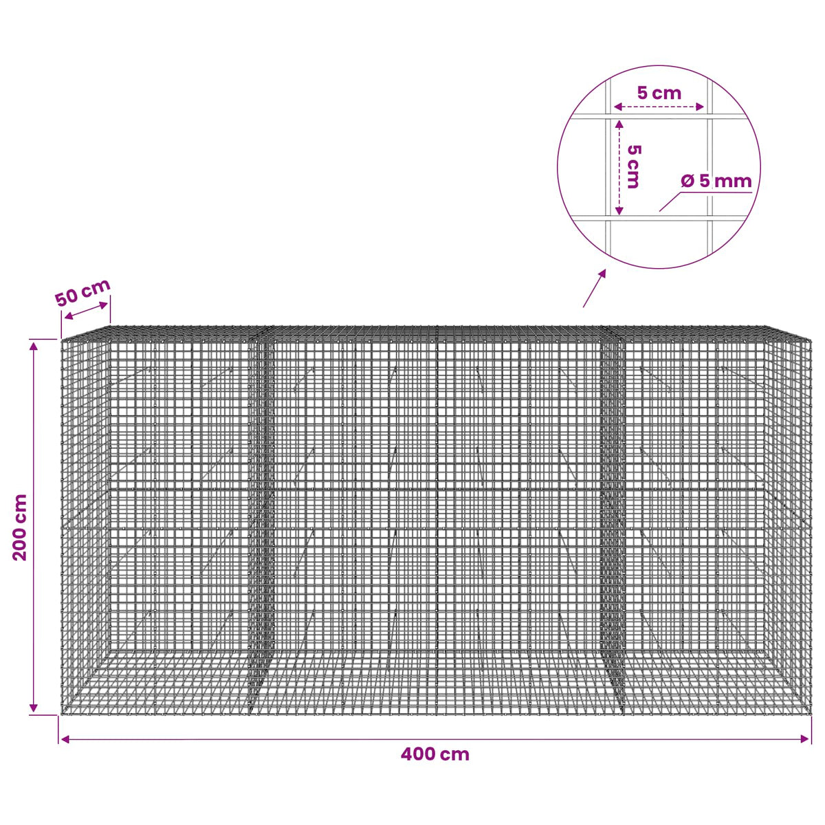 vidaXL Gabion z drutu 5 mm i siatką 5x5 cm 400x50x200 cm