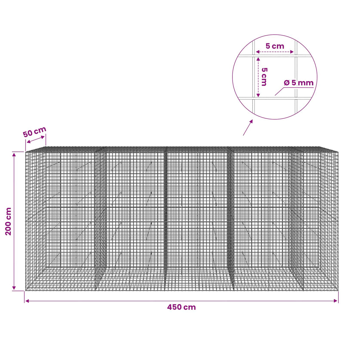 vidaXL Gabion z drutu 5 mm i siatką 5x5 cm 450x50x200 cm