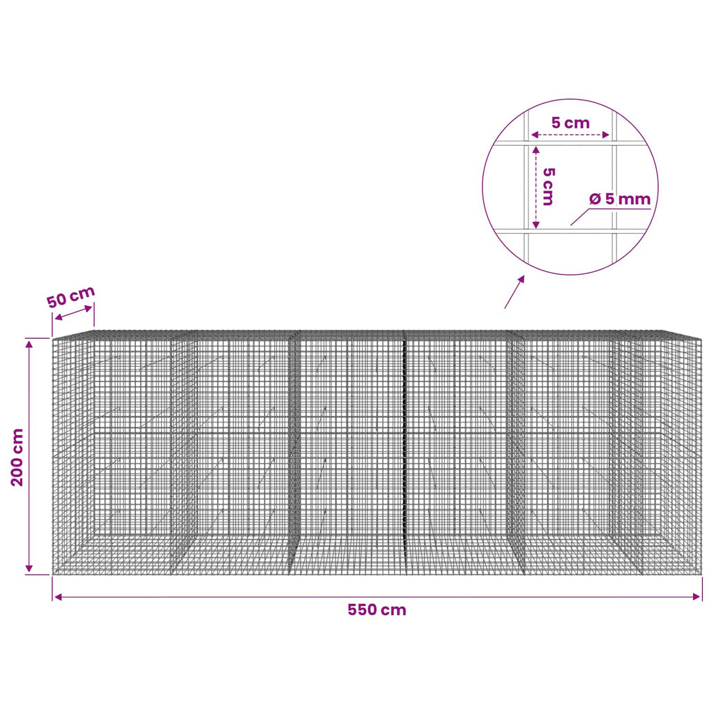 vidaXL Gabion z drutu 5 mm i siatką 5x5 cm 550x50x200 cm