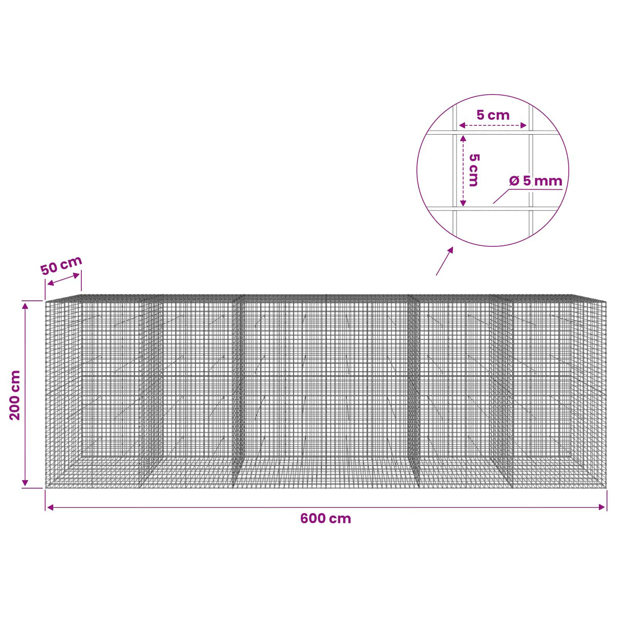 vidaXL Gabion z drutu 5 mm i siatką 5x5 cm 600x50x200 cm