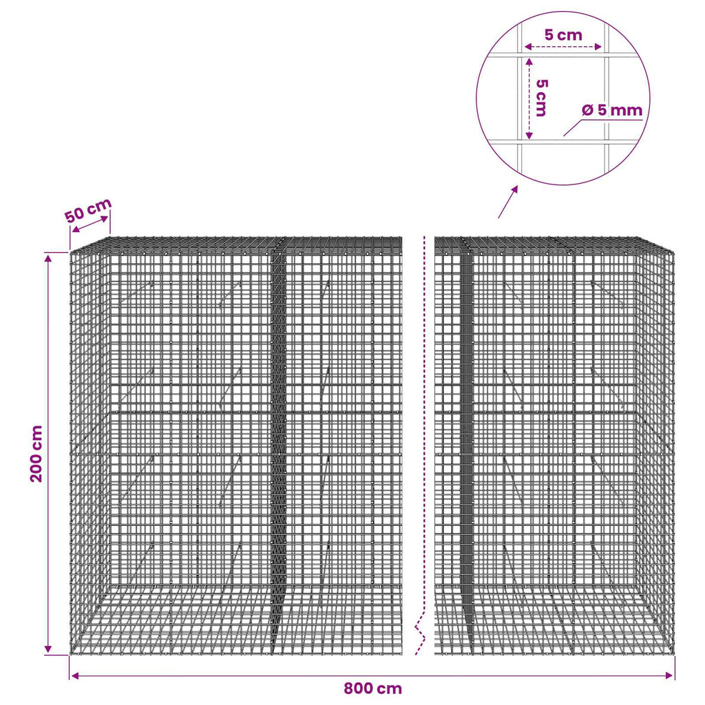 vidaXL Gabion z drutu 5 mm i siatką 5x5 cm 800x50x200 cm